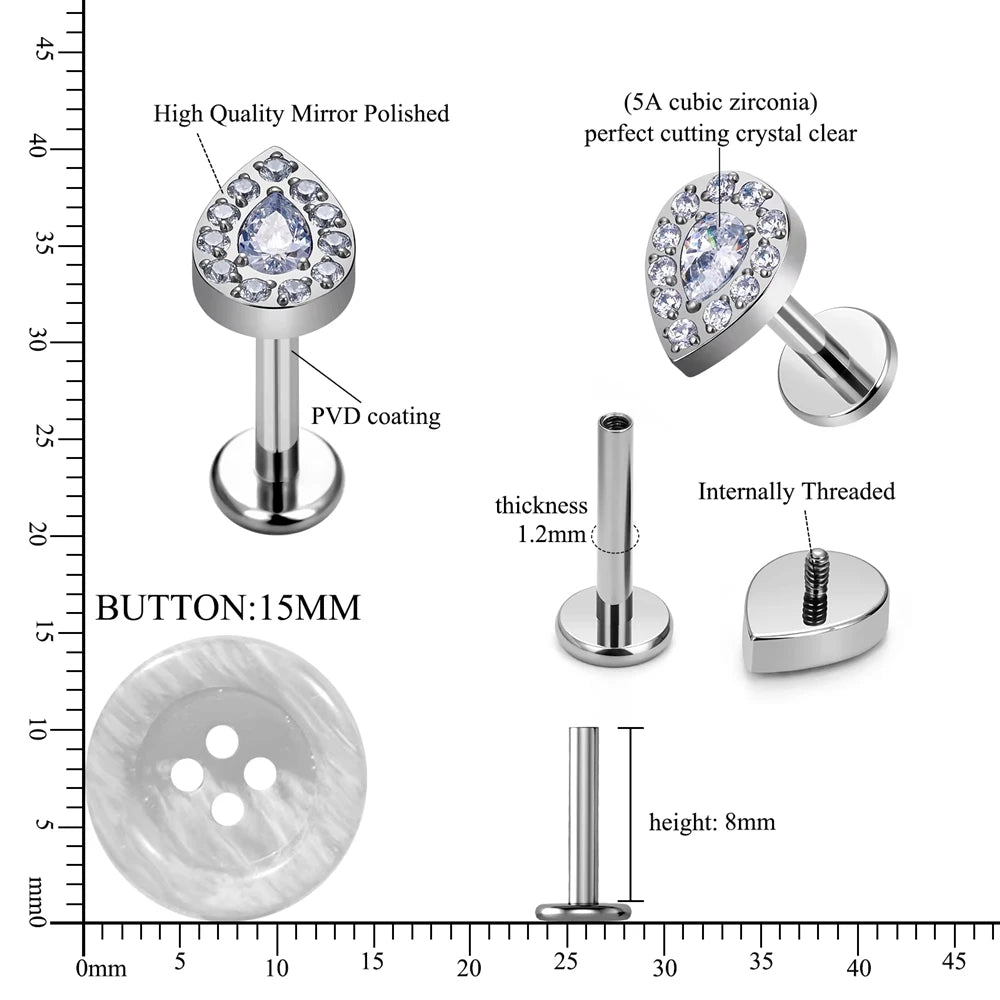 ASTM F136 G23 Titanium Waterdrop Shape Nose Stud Inlay Zircon16G Ear Tragus Body Piercing Jewelry