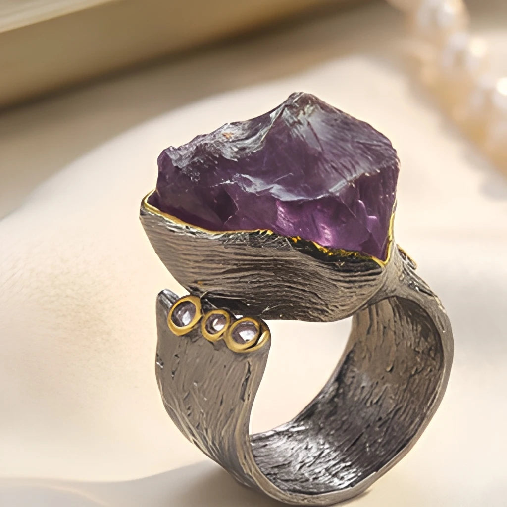 Impressive Look Big Amethyst Stone 925 Sterling Silver Handmade Ring With White Zircon Wholesaler