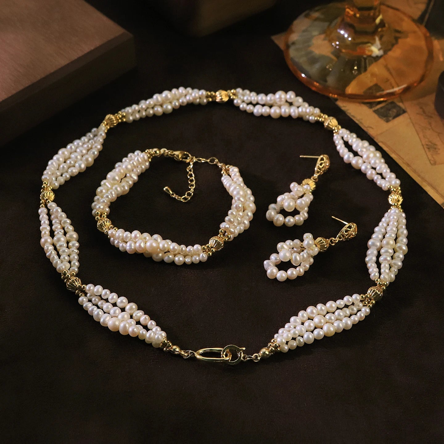 GLSEEVO Natural Freshwater Pearl Dainty Bridal Necklace & Bracelet Set — Wedding & Bridesmaid Gift | White