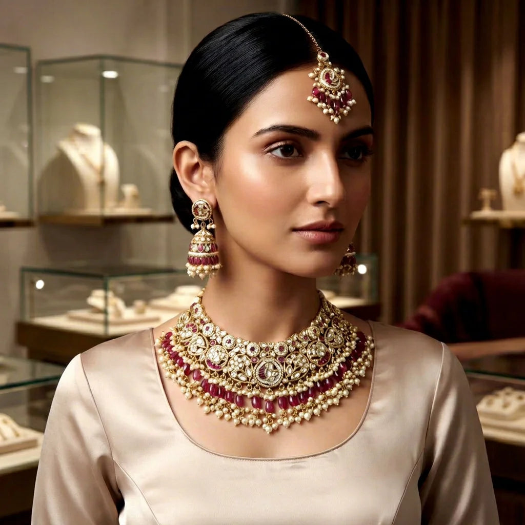 Luxury Kundan Pearl Ruby Beaded Bridal Choker Necklace Set Traditional Indian Wedding Jewelry for Women