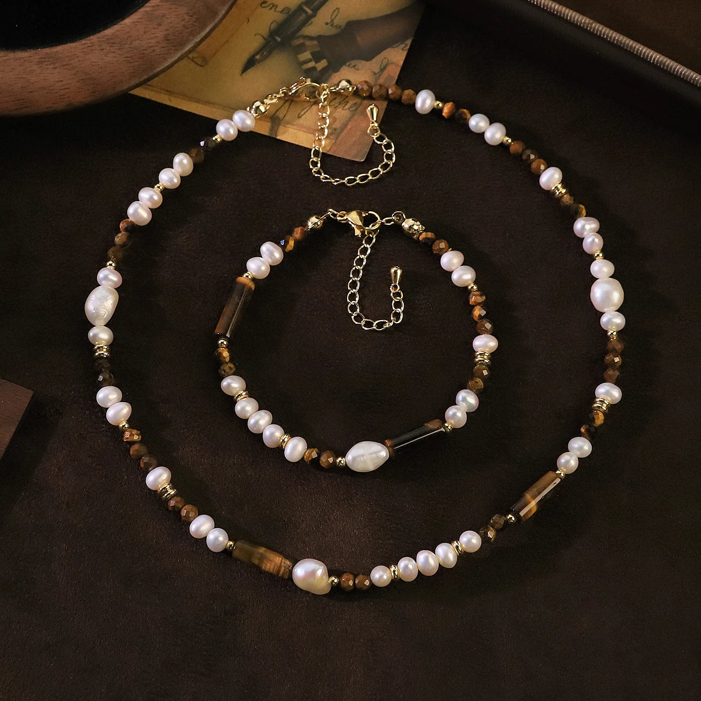GLSEEVO Natural Pearl & Tiger Eye Stone Necklace, Earrings & Bracelet Jewellery Set — Bohemian Vintage Style