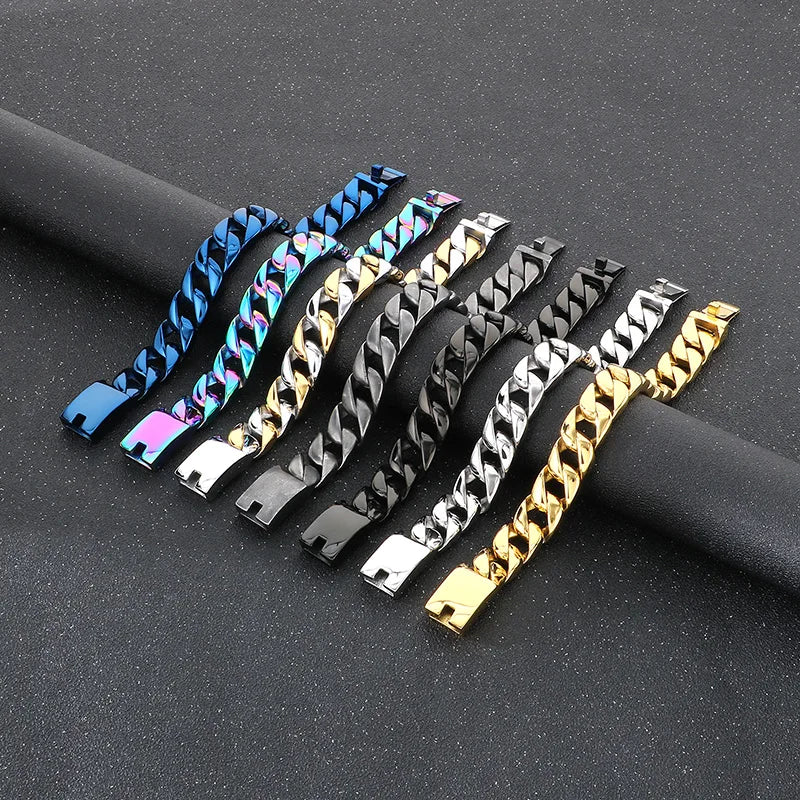KALEN 15mm Fine Jewelry Fashion Bracelets Stainless Steel Cuban Style Links Bracelet for Men
