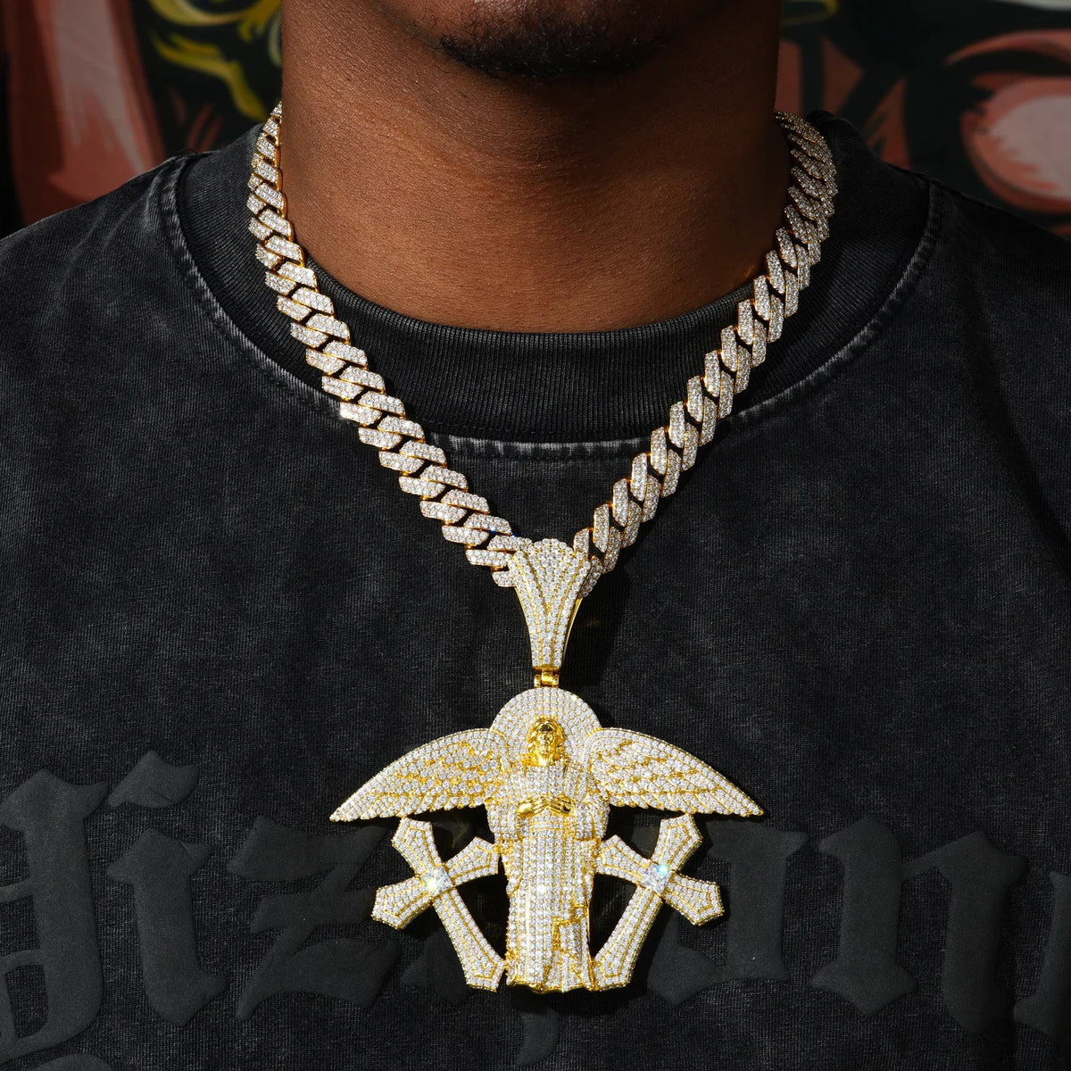 Fashion Hip Hop Jewelry Christian Charm 18K Gold Plated VVS Moissanite Diamond Iced Out Wing San Judas Tadeo Pendant with Cross