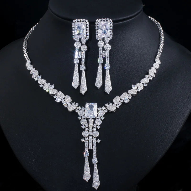 Luxury Yellow Nigeria CZ Crystal Dangle Drop Wedding Earring Necklace with Long Tassel Big Dubai Bridal Jewelry Sets Accessories