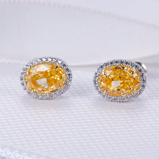 Messi Jewelry MSE-609 Silver Yellow Oval Cut Stunning High Carbon Cubic Zirconia Earrings Fancy Shape Engagement Gift for Lady