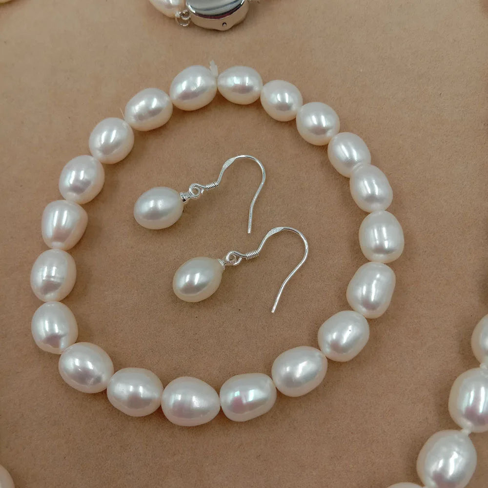 8 mm Rice Pearl Freshwater Jewelry Set 925 Silver Earring with Good Luster Wedding Factory Price Wholesale From the Factory