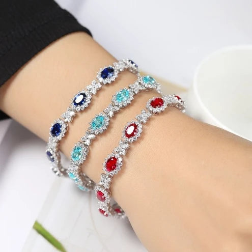 Gemfiori Customizable S925 Silver Bangles Chain Bracelet for Women Rhodium Lab Grown Paraiba Natural Gemstones for Gift Party OEM ODM