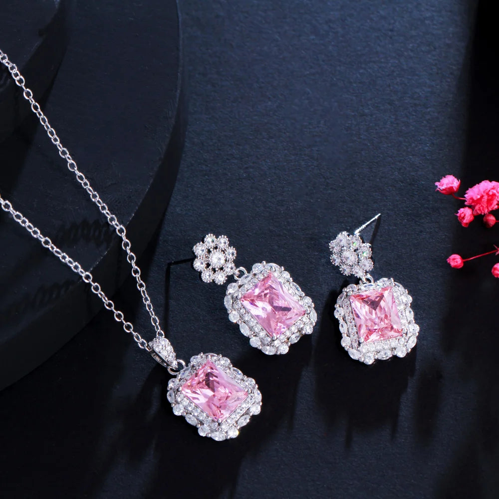S&S Flower & Square CZ Necklace & Earrings Set – Yellow, Green & Pink – Collection