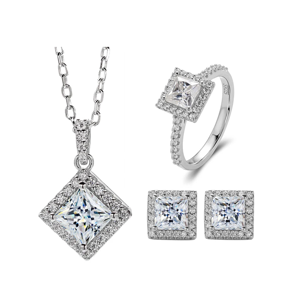 ArtistA HL04T Abiding Dainty Square Princess Cut DEF VVS Moissanite 925 Silver Halo Ring Earrings Pendant Necklace Jewelry Set