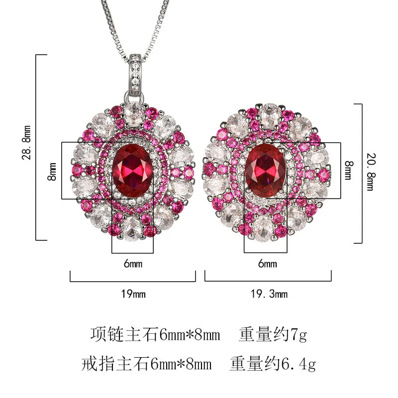 REDheart Women's Fashion Pearl Plated Rhodium/18K Gold Activity Ring Simulation Red Corundum Blue Spinel Egg Texture Pendant Set