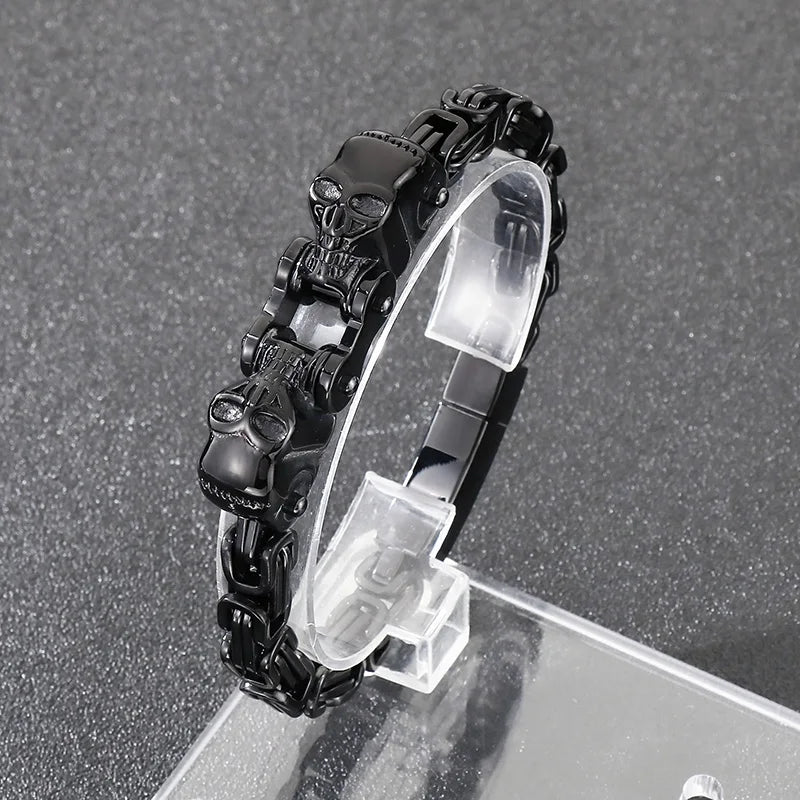 REBEL Punk Fine Jewelry Fashion Bracelets Stainless Steel Skull Byzantine Links Bracelet