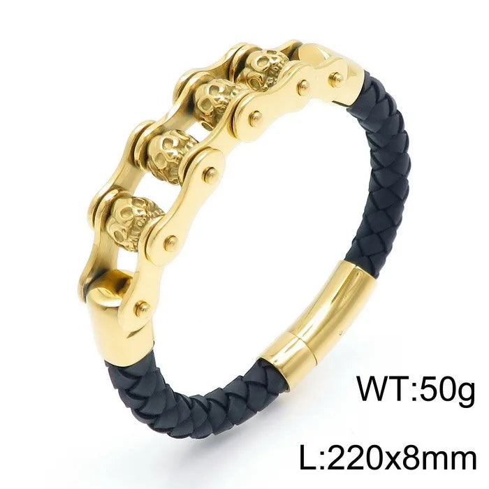 REBEL Trendy Mens Fashion Bracelets Bangles Stainless Steel Beads Leather Bracelet Bangle