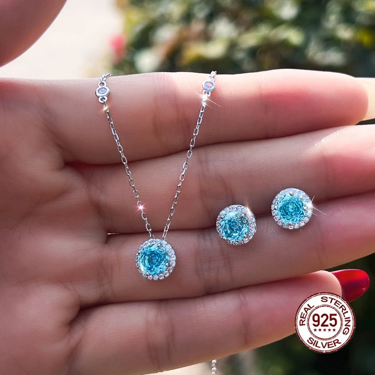 Exquisite Rose Flower CZ Light Blue 925 Sterling Silver Necklace and Earring Round Pendant Jewelry Set for Women Party Gift