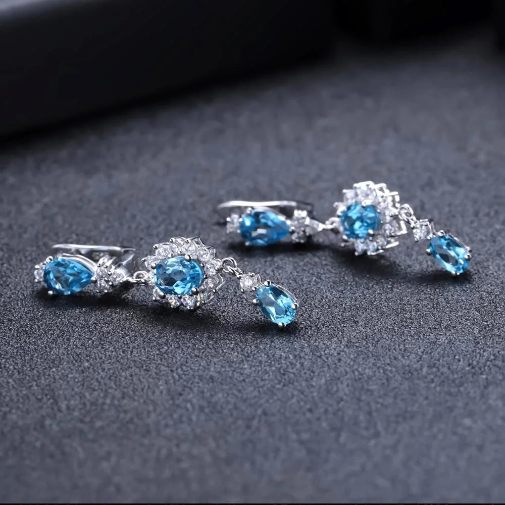 ArtistA Fashion Design 925 Sterling Silver Swiss Blue Topaz Stone English Lock Big Drop Wrap Earrings for Party Girl