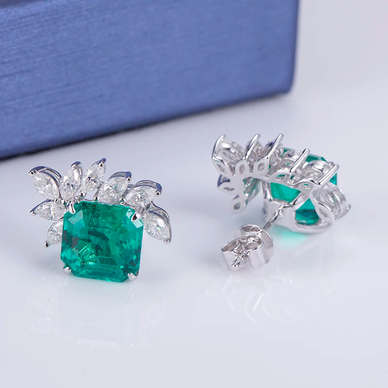 Messi Jewelry MSE-524 18k Gold Lab Grown Emerald Jewelry Moissanite Stud Earrings