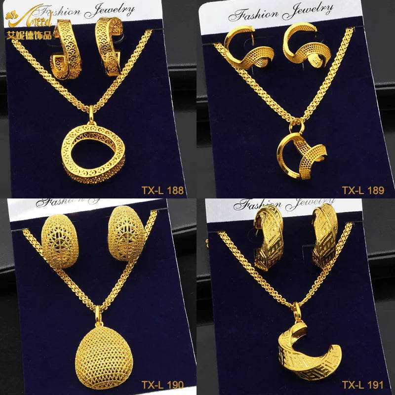 24K Gold Alloy Two-Piece Jewelry Set Indian Dubai Wedding Accessories Sand Gold Twisted Geometric Necklace Earrings for Unisex