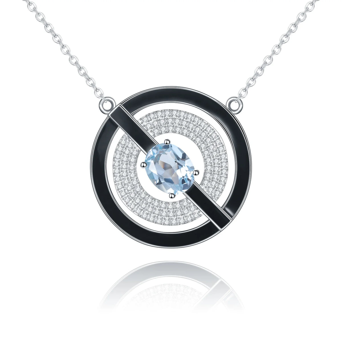 ArtistA Abiding Special Design Geometric Circle Round Disc Blue Diffusion Sapphire Topaz Red Agate Gems Forbidden Sign Charm Necklace