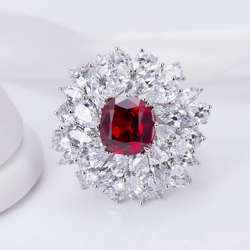 Messi Jewelry MSR-956 S925 Lab Ruby Cushion Cut Ring Flower Design Engagement Ring Wedding Band Classic Gift