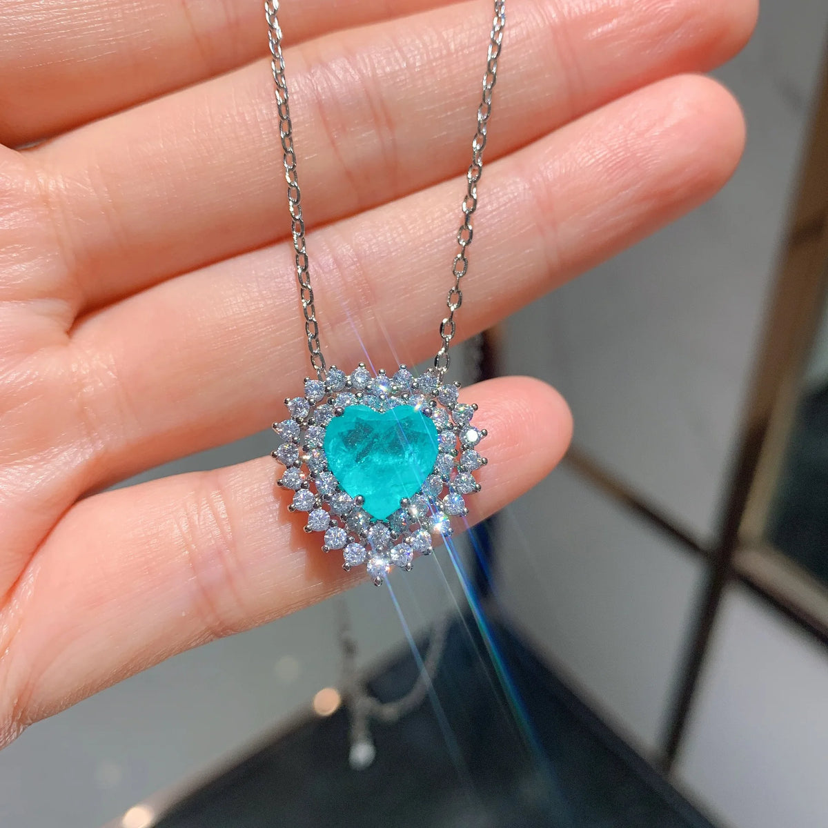 Fashion Eco-friendly Copper Heart Jewelry Set Imitation Paraiba Gemstone 8MM 10MM Earring Necklace Women Daily Party Wedding