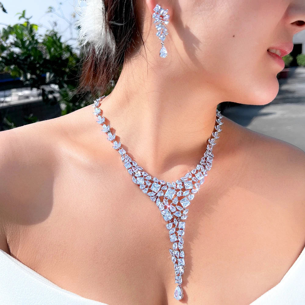 High Quality Luxury Statement Cubic Zirconia Drop Chunky Nigerian Wedding Necklace and Earring Bridal Jewelry Set for Women