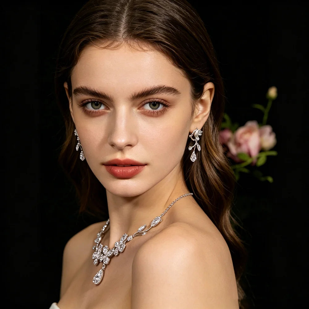XM S310 Zircon Floral Branch Bridal Necklace & Drop Earrings Set