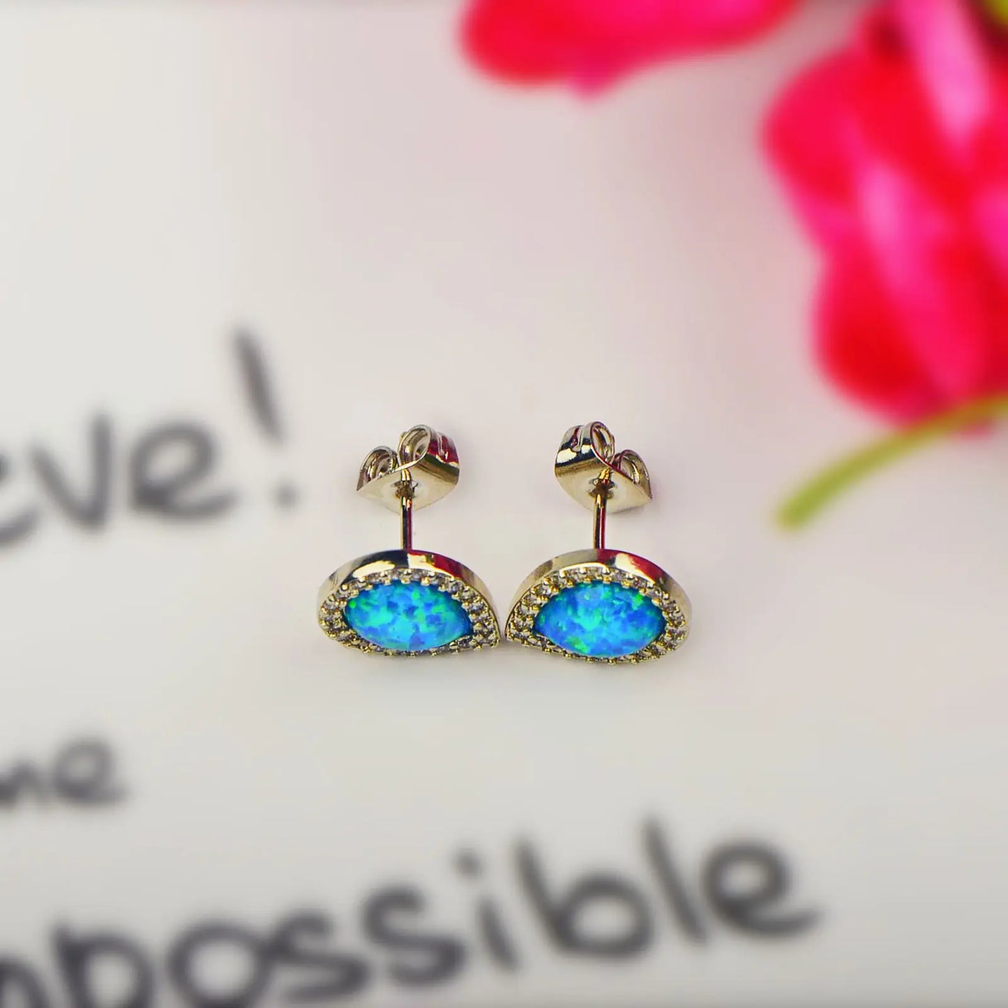 Teardrop Opal Halo Stud Earrings - Blue Fire Opal & Paved CZ Frame Design | Elegant Daily Jewelry Bulk Gifts
