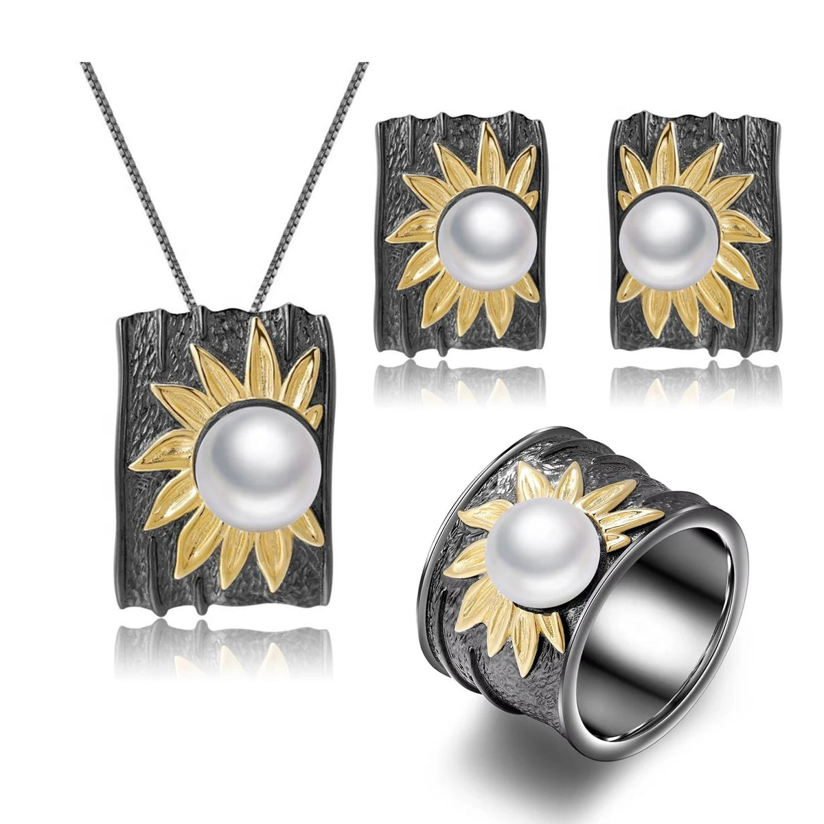 ArtistA Vintage Dark Tones 925 Silver Gold Plated Fresh Water Pearl Pendant Earrings Ring 3 Piece Jewelry Set 2 Tone Chunky Ring
