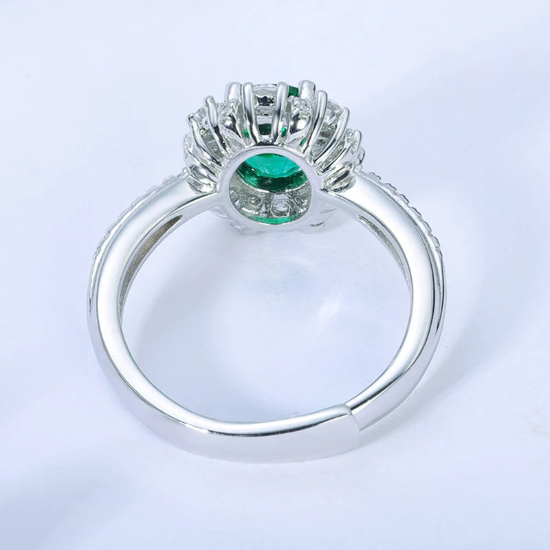 Gemfiori 100% 925 Silver Oval Emerald Stone Promise Ring With Small White Cz Diamonds for Her