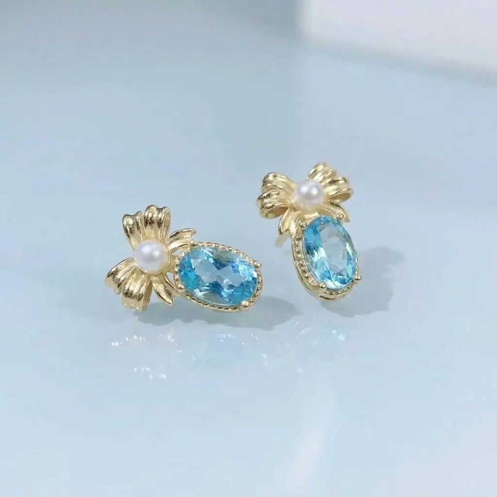 Gioiellieri Natural Swiss Blue Topaz Stud Earrings with S925 Sterling Silver Setting Elegant Romantic Fine Gemstone Jewelry Anniversary Gift