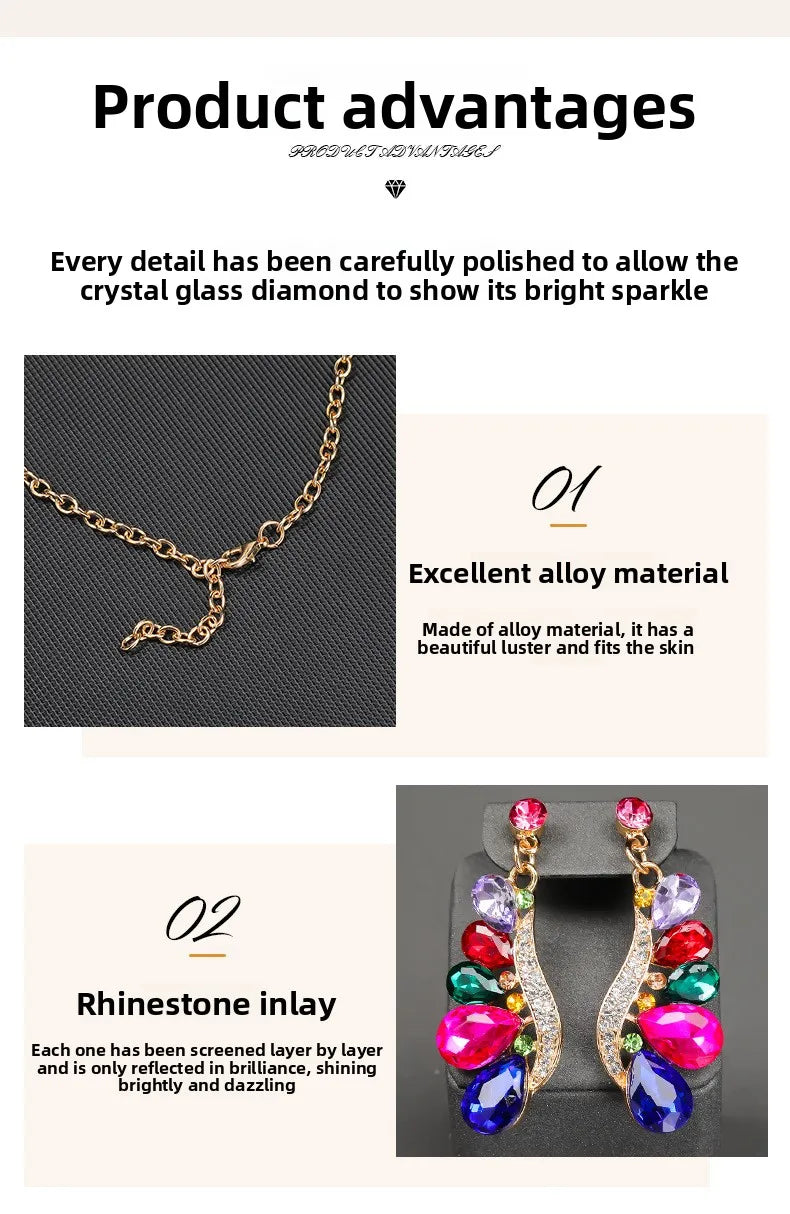 Luxury Multi Color Crystal Drop-Shaped Gemstone Necklace Earrings Jewelry Set for Women