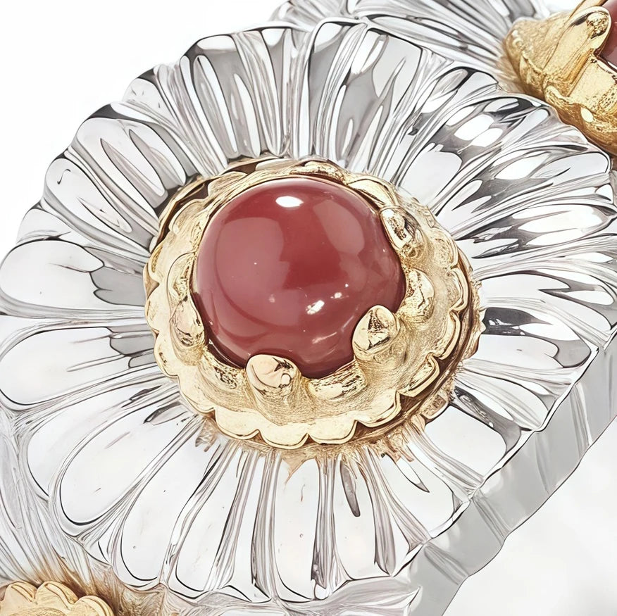 MUSHAN Jewelry Factory Women 925 Sterling Silver Little Daisy Ring with Red Stone Fine Jewelry Flower Rings for Women and Girls