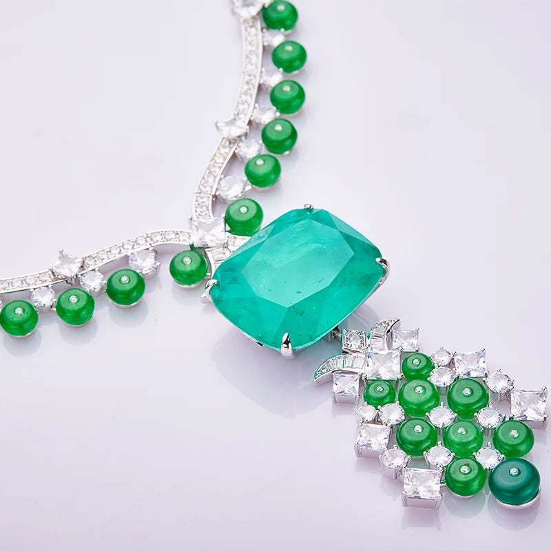 Exaggerated Luxury Paraiba Pendant Jewelry Green Emerald Zirconia Beads Tassel Special Pattern Design Necklace Earring  Set