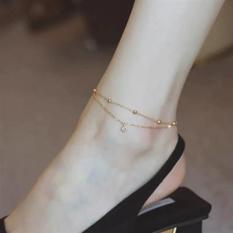 VEWANT Gold Plated Sterling Silver 925 Bohemian Zircon Ball Beaded Station Chain Anklets Adjustable for Women