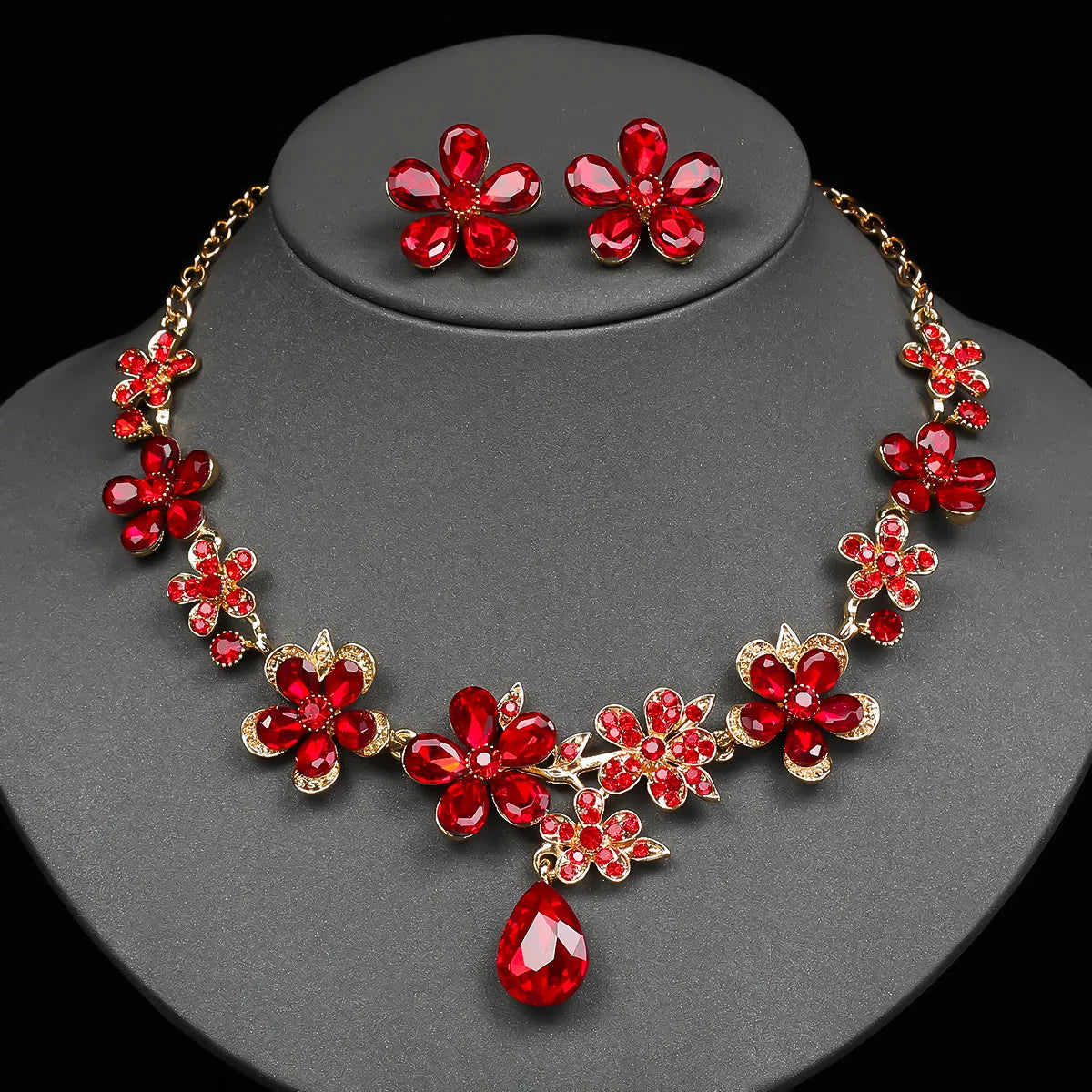 Crystal Flower Drop Necklace & Earrings Jewellery Set | Bridal & Party Occasion Fashion Set