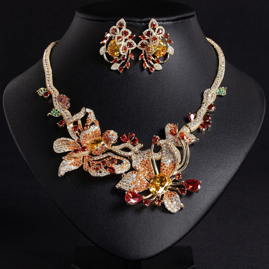 S&S Gold Plated Floral CZ Bridal Necklace & Earring Set – Collection