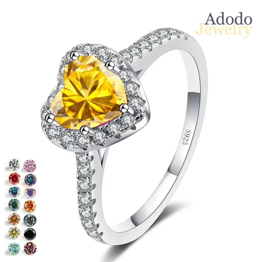 Wholesale Fine Jewelry S925 Sterling Silver Love Heart Ring Light Luxury 1Carat Colorful Heart Shaped Moissanite Engagement Ring
