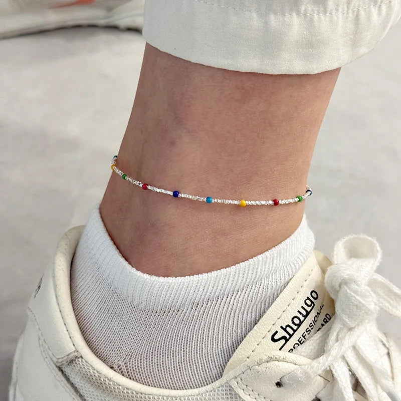 Summer Beach Anklets Jewelry 925 Sterling Silver Colorful Beads Beaded Anklet Foot Jewelry for Women Girls