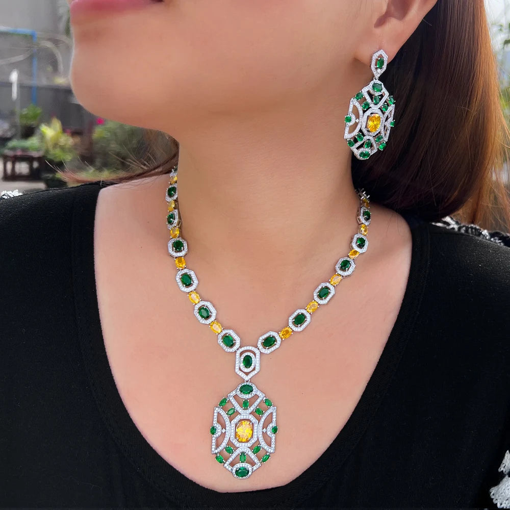 Super Luxury Yellow Green Zirconia Wedding Banquet Big Chunky Necklace and Earrings Bridal Party Costume Jewelry Sets for Women