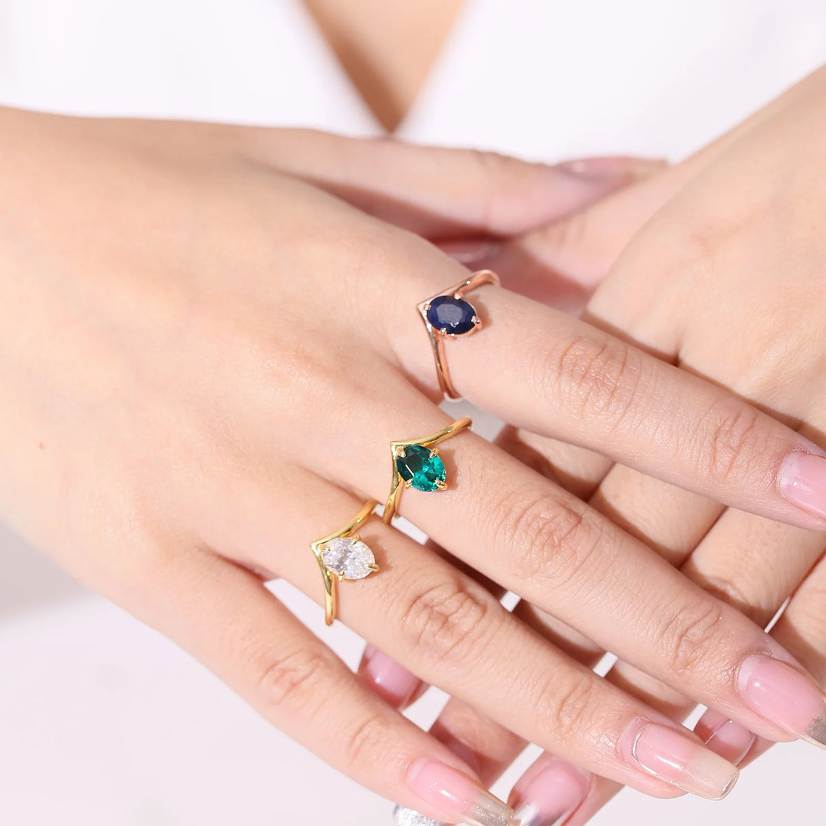 Gemfiori Price 925 Sterling Silver Gold Plated Colorful Gemstone Oval Cut 6x8mm Drop-Shaped Dainty Gemstone Tear Drop Ring