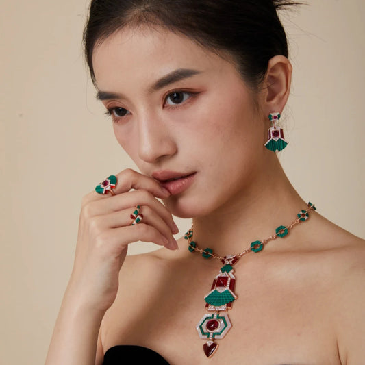Luxury Green Malachite & Red Ruby Gemstone Claw-Set Pendant Necklace, Earrings & Ring Bridal Set — Rose Gold & Rhodium Plated
