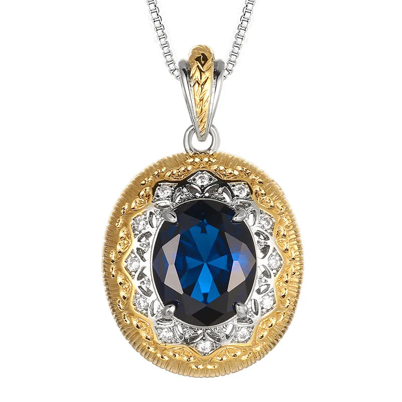 REDheart Brass Inlaid Zircon Plated Two-Color Movable Opening Ring Simulation Blue Pointed Crystal Flower Shape Pendant Necklace Trendy