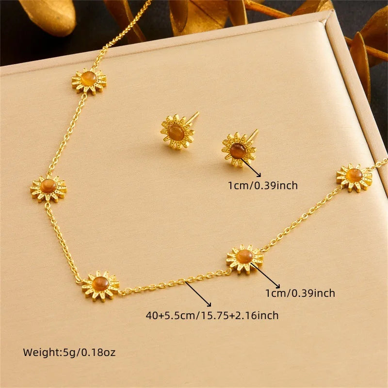 Gold Sunflower Necklace, Earrings & Bracelet Jewellery Set | Joyful Luxury Fashion Set