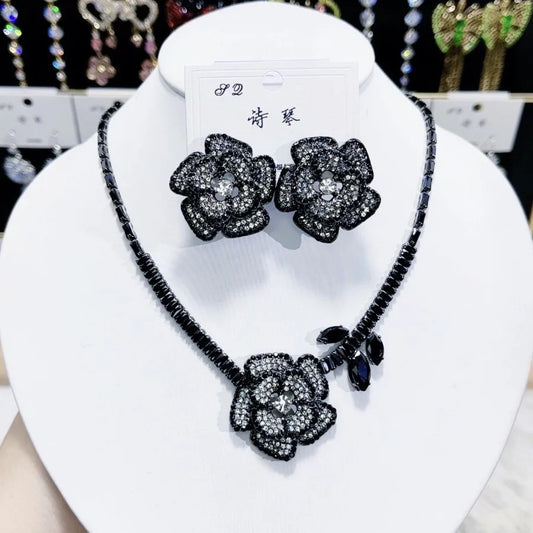 K094 Hot Selling Women Trendy Luxury Black Flower Zircon Necklace Earrings Set Wedding Elegant Jewelry Set