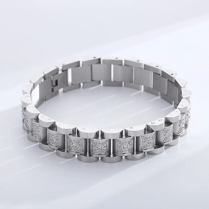 KALEN Men Vintage 210mm Gold/Silver Plated Stainless Steel Rhinestones Watchband Link Bracelets