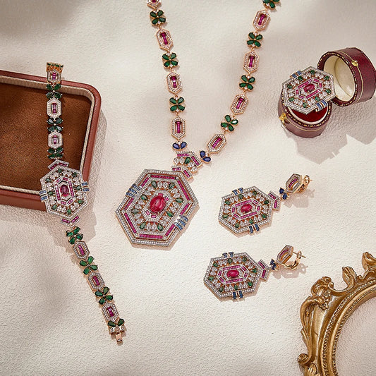 Vintage Elegant square Inlaid Colorful Cubic Zirconia Necklace Earrings Ring Bracelet Brass Fashionable Women's Anniversary Gift