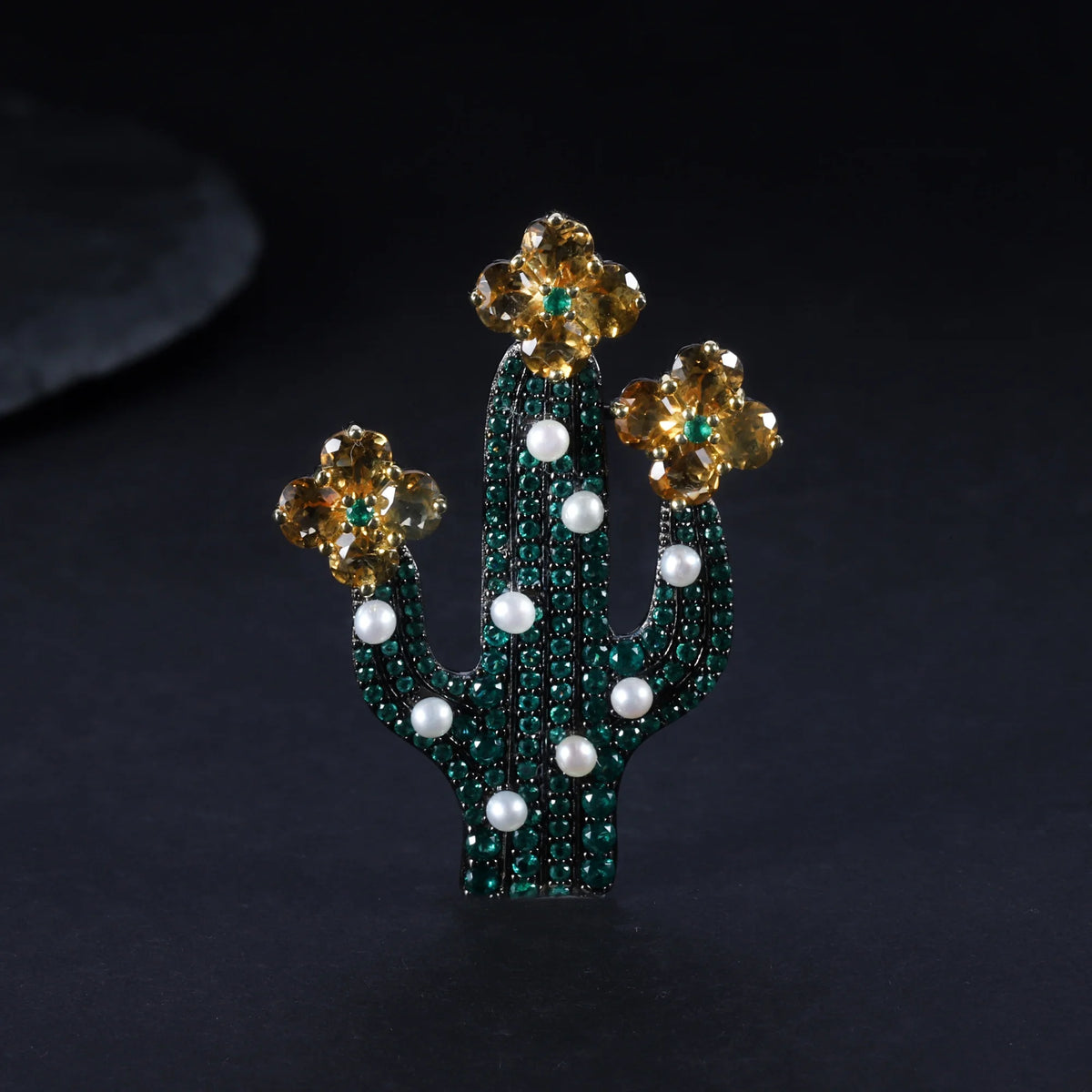 ArtistA Abiding Fine Jewelry Trendy Cactus Plant Citrine Flower Freshwater Pearl 925 Sterling Silver Brooch Pendant for Women