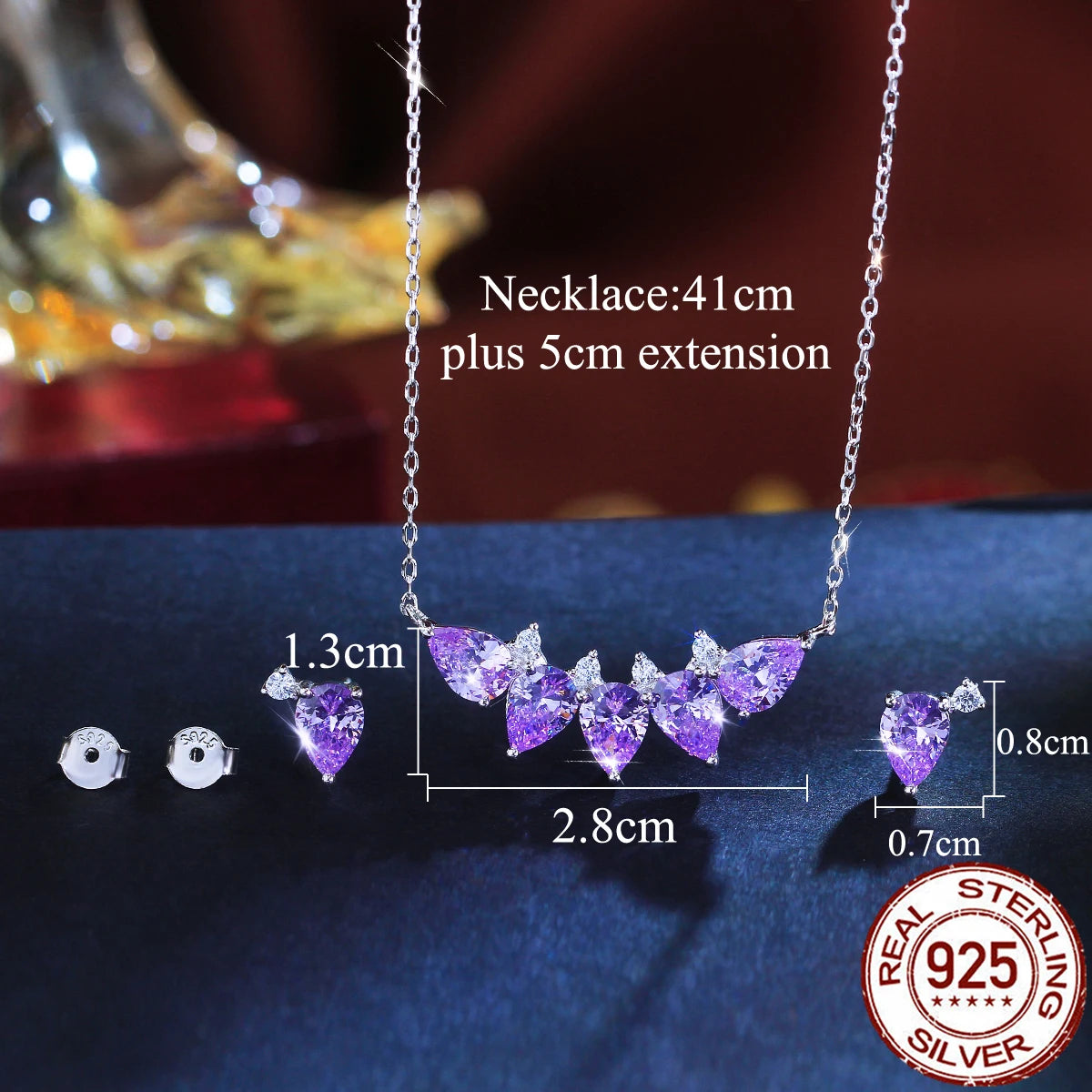 Purple Drop CZ Jewelry Set Zircon Pendant Necklace Jewelry Set for Lady Daily Wear Birthday Gift 925 Sterling Silver Jewelry