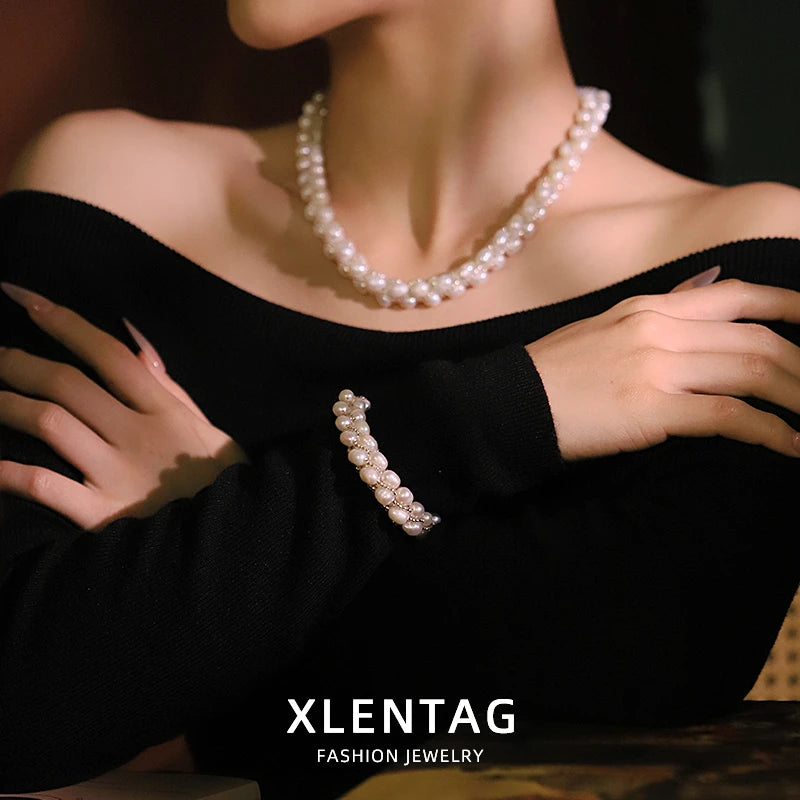 GLSEEVO Hand-Woven Natural Freshwater Pearl Necklace & Bracelet Set — Luxury Bridal Jewellery