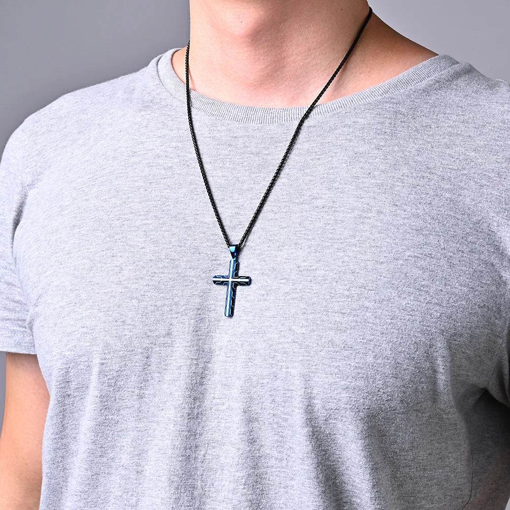 REBEL Black and Blue Texture Stainless Steel Cross Necklace for Men