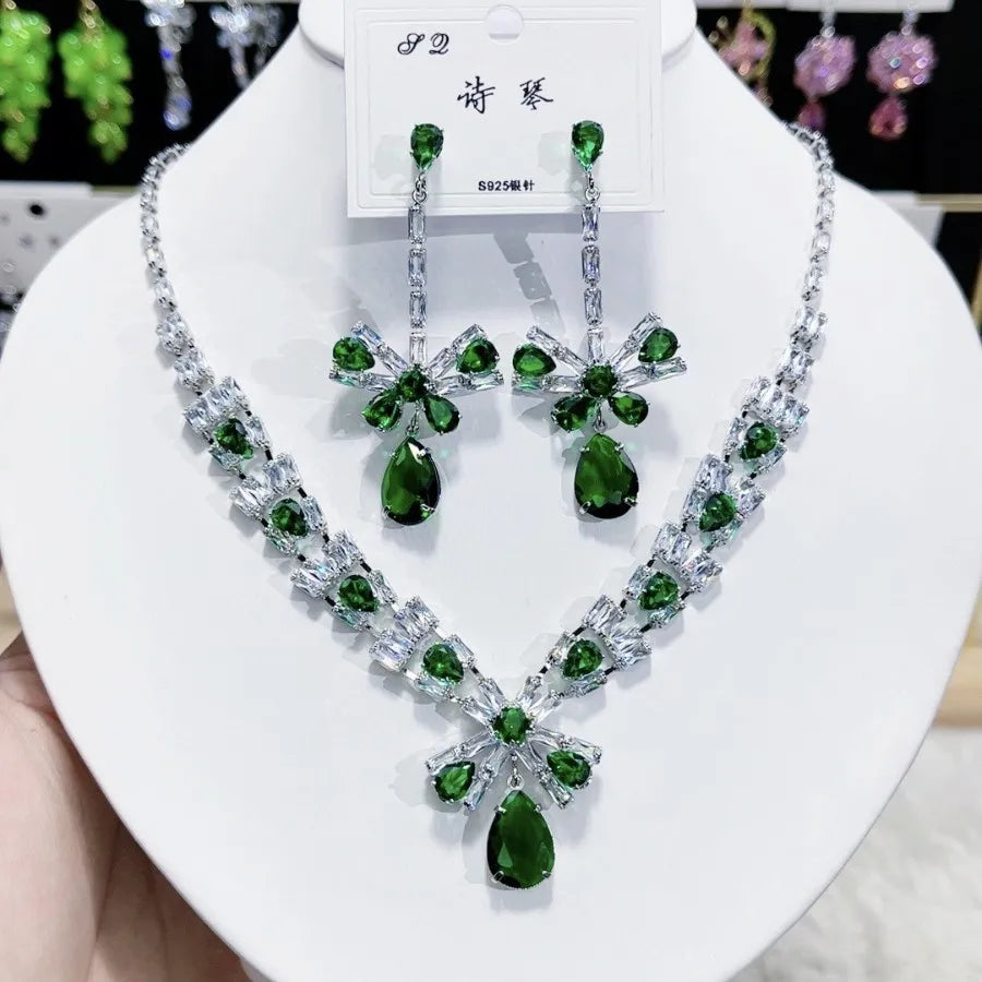 K075 High End Women Trendy Luxurious Butterfly Yellow Zircon Bridal Necklace Earrings Set Wedding Elegant Jewelry Set
